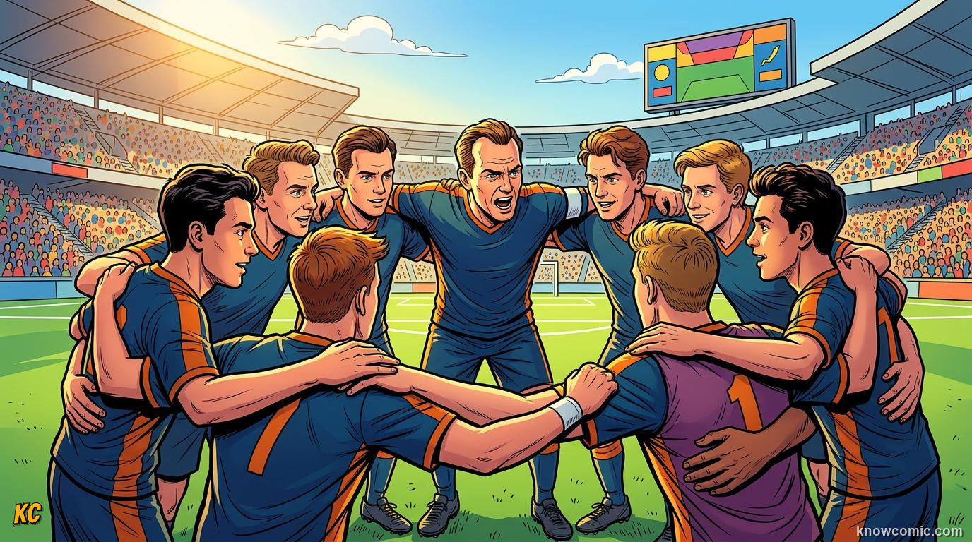 Comic panel titled leadership is a superpower, labelled be a leader, from the KnowComic World Cup 2026 lesson on captains who lifted the cup