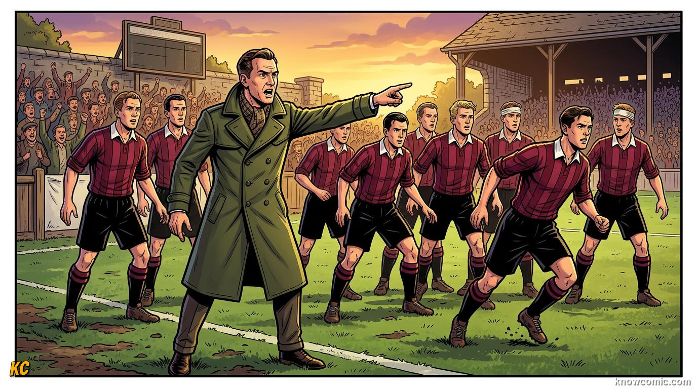Comic panel titled the people who never kick a ball, labelled the brains, from the KnowComic World Cup 2026 lesson on great coaches in history
