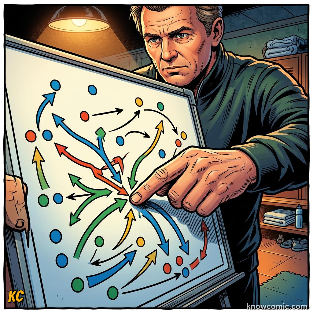 Comic panel titled rinus michels and total football, labelled the plan, from the KnowComic World Cup 2026 lesson on great coaches in history
