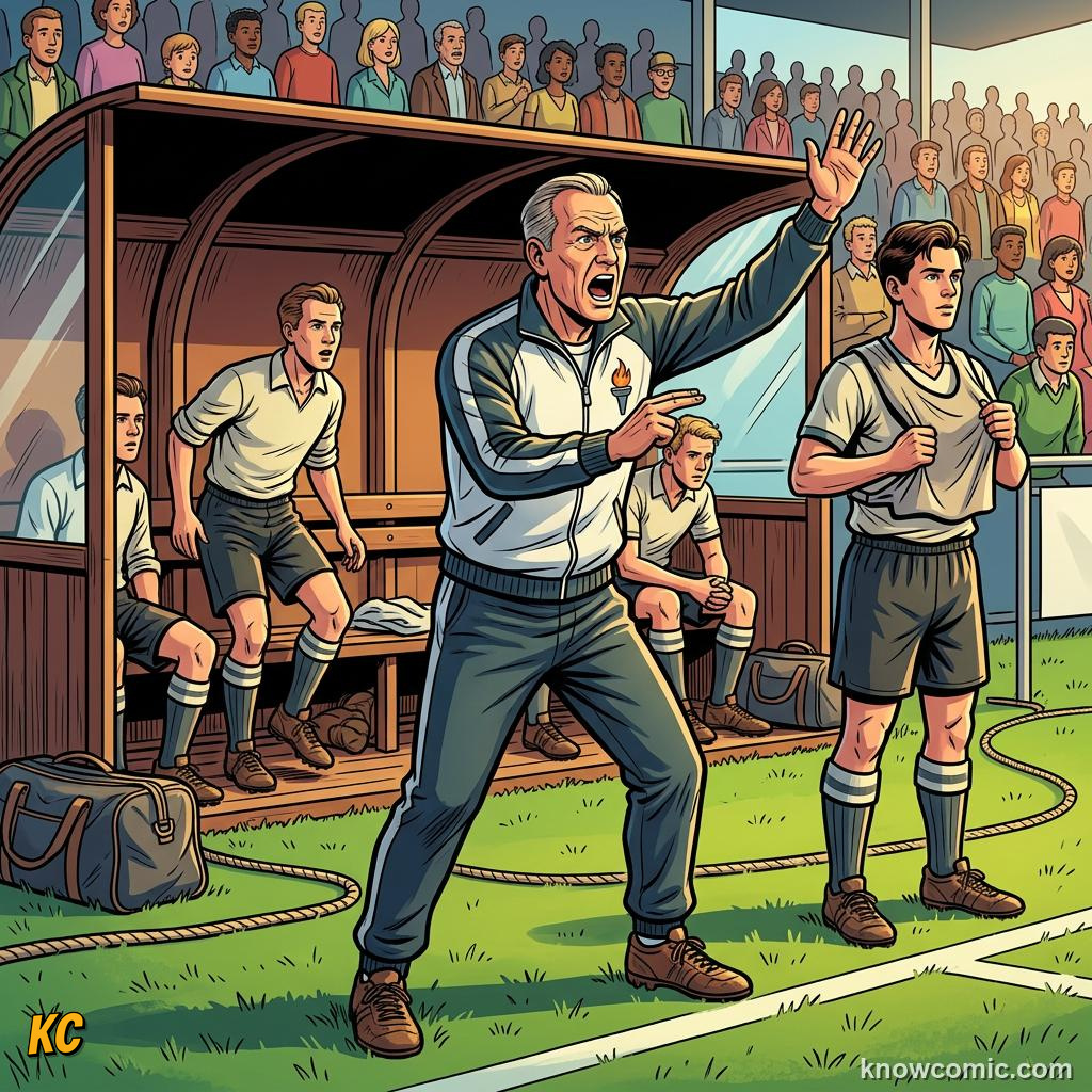 Comic panel titled rinus michels and total football, labelled touchline, from the KnowComic World Cup 2026 lesson on great coaches in history
