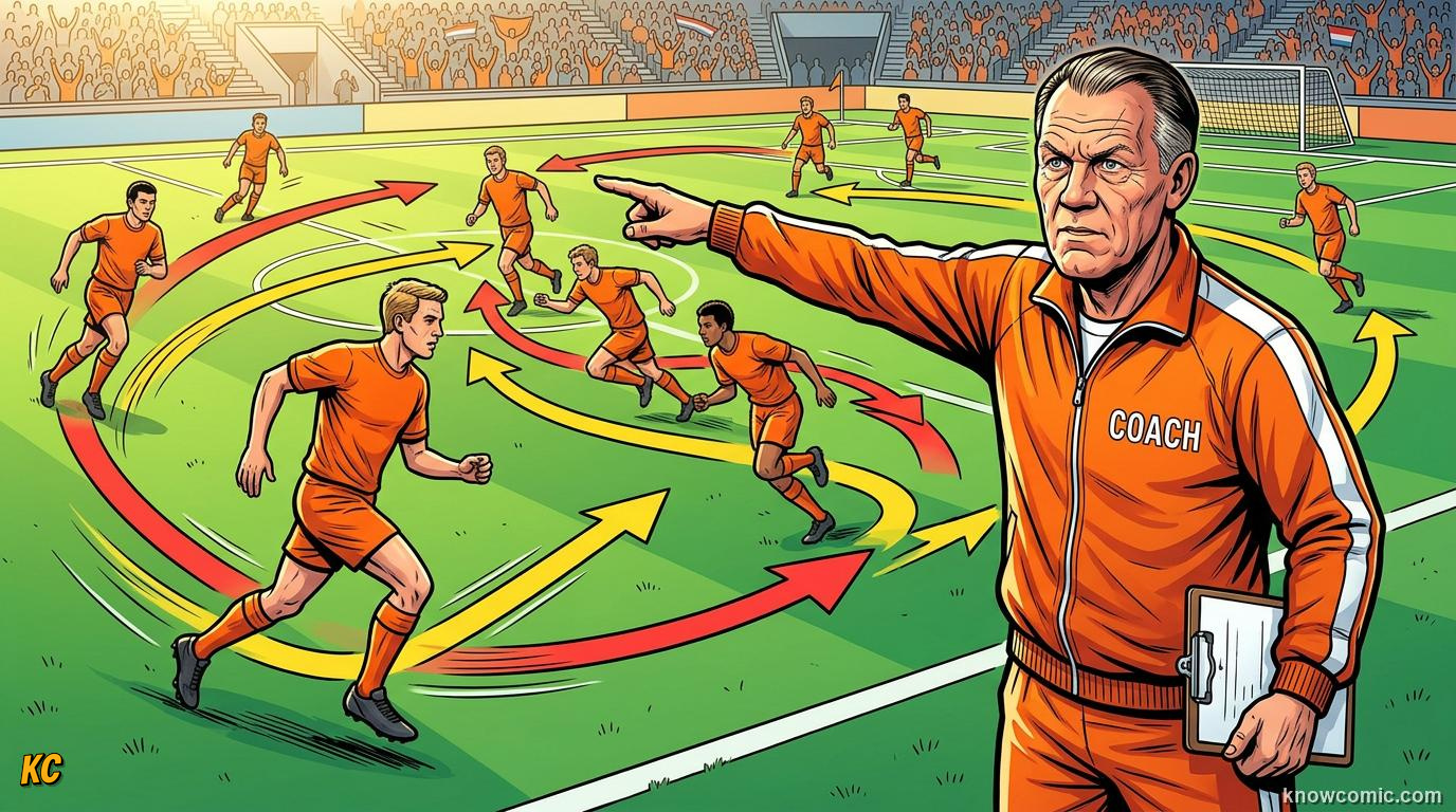 Comic panel titled rinus michels and total football, labelled the revolution, from the KnowComic World Cup 2026 lesson on great coaches in history