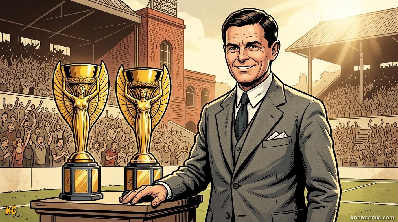 Comic panel titled the coaches who won the world cup, labelled champions, from the KnowComic World Cup 2026 lesson on great coaches in history