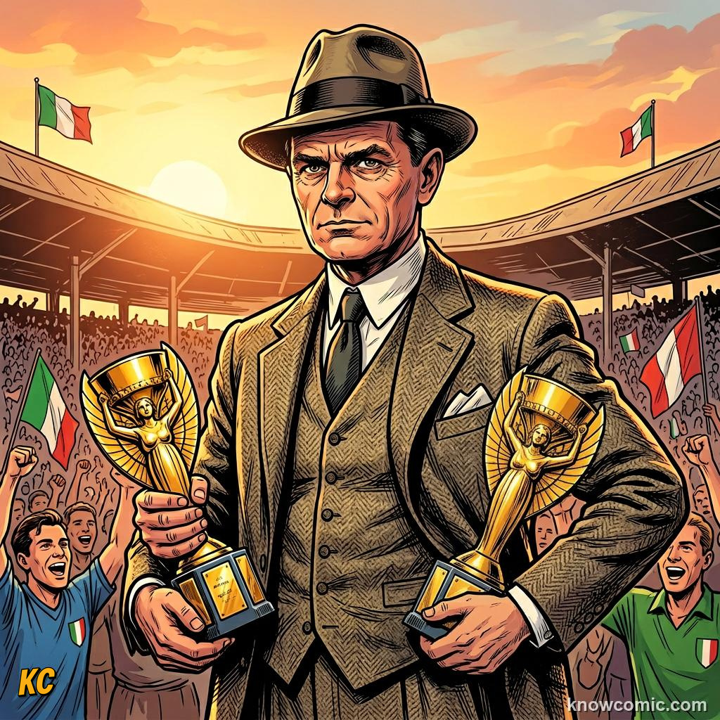 Comic panel titled the coaches who won the world cup, labelled two cups, from the KnowComic World Cup 2026 lesson on great coaches in history