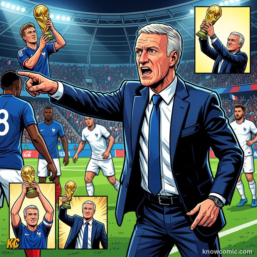 Comic panel titled the coaches who won the world cup, labelled double, from the KnowComic World Cup 2026 lesson on great coaches in history