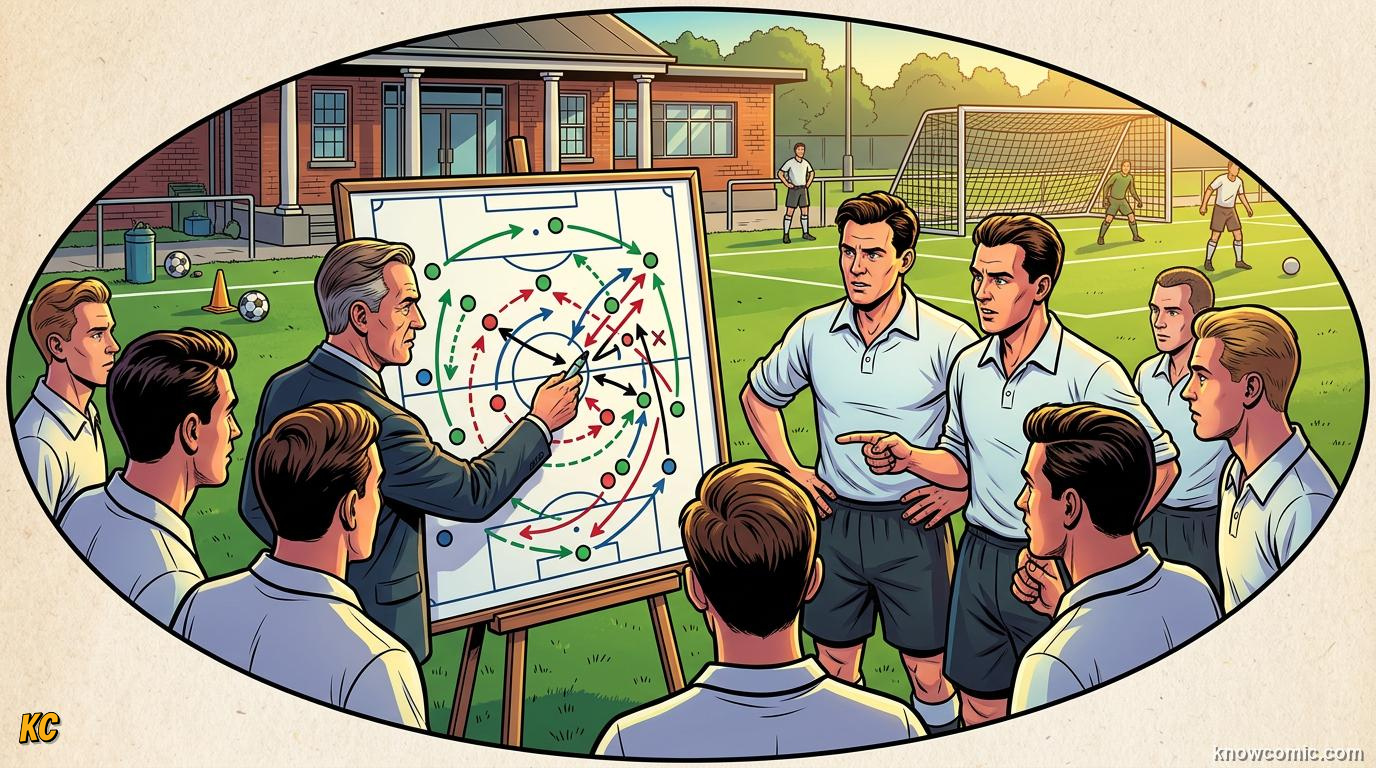 Comic panel titled ideas that changed the game, labelled big ideas, from the KnowComic World Cup 2026 lesson on great coaches in history