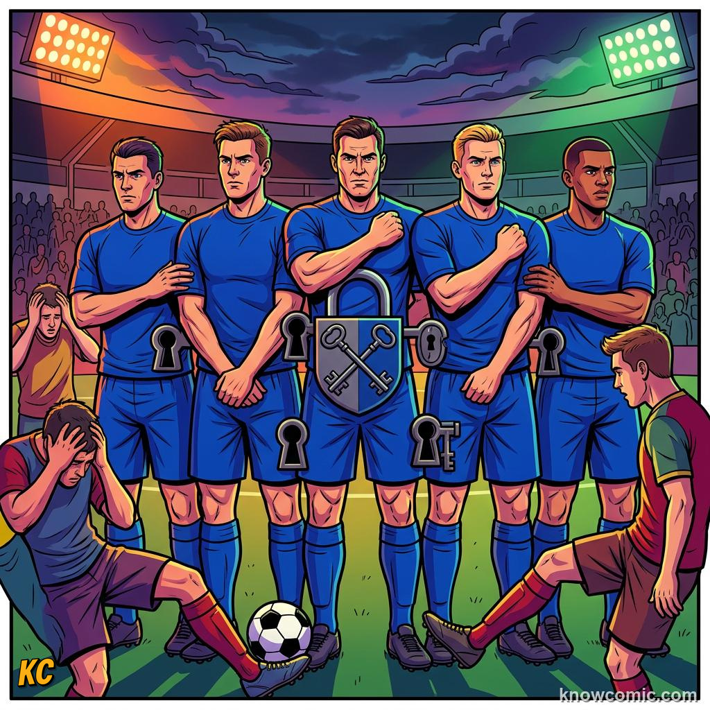 Comic panel titled what makes a coaching genius, labelled defence, from the KnowComic World Cup 2026 lesson on great coaches in history