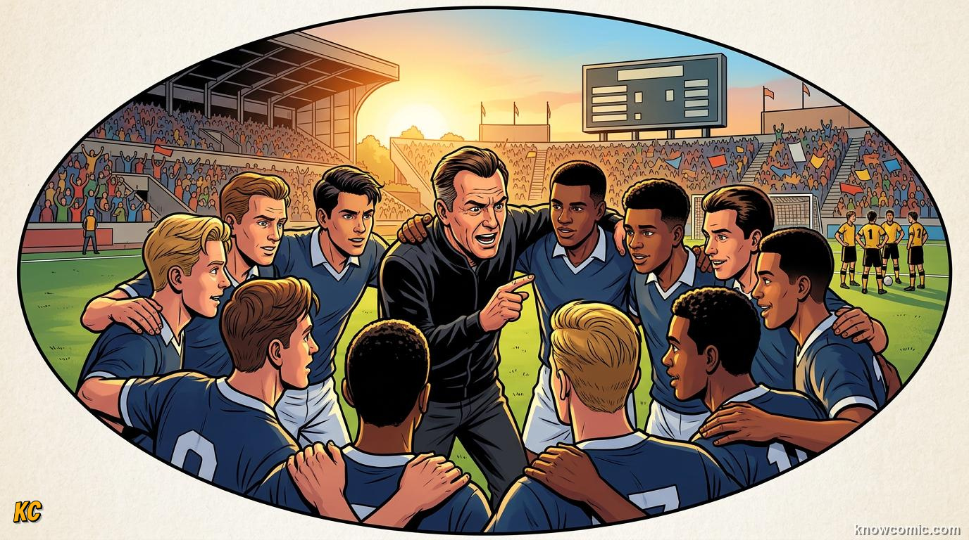 Comic panel titled what makes a coaching genius, labelled the genius, from the KnowComic World Cup 2026 lesson on great coaches in history