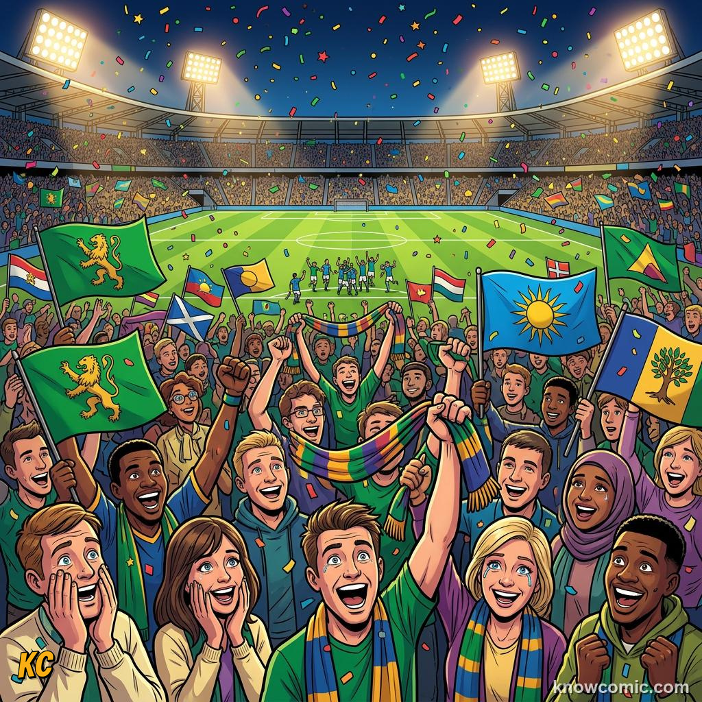 Comic panel titled cameroon stun the champions, labelled the feeling, from the KnowComic World Cup 2026 lesson on underdog miracles