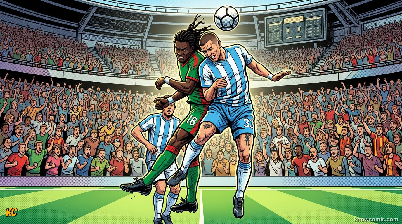 Comic panel titled cameroon stun the champions, labelled the roaring lions, from the KnowComic World Cup 2026 lesson on underdog miracles