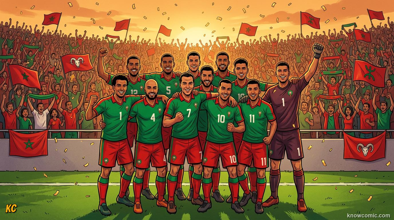 Comic panel titled morocco make history, labelled the atlas lions, from the KnowComic World Cup 2026 lesson on underdog miracles