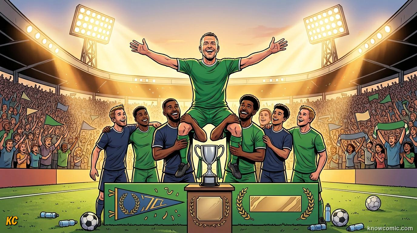 Comic panel titled belief beats reputation, labelled the secret, from the KnowComic World Cup 2026 lesson on underdog miracles