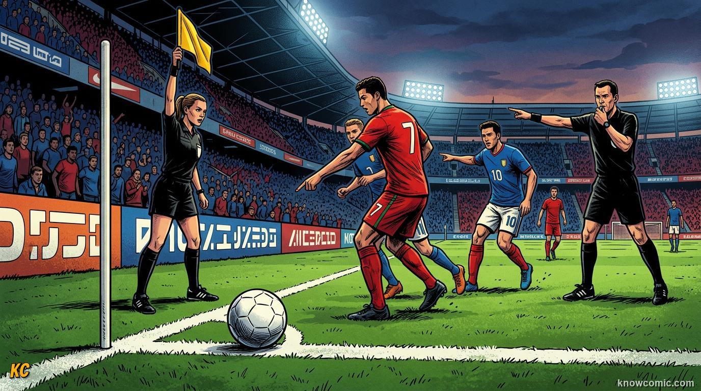 Comic panel titled when the ball leaves the pitch, labelled out of bounds, from the KnowComic World Cup 2026 lesson on restarts: throw-ins & goal kicks