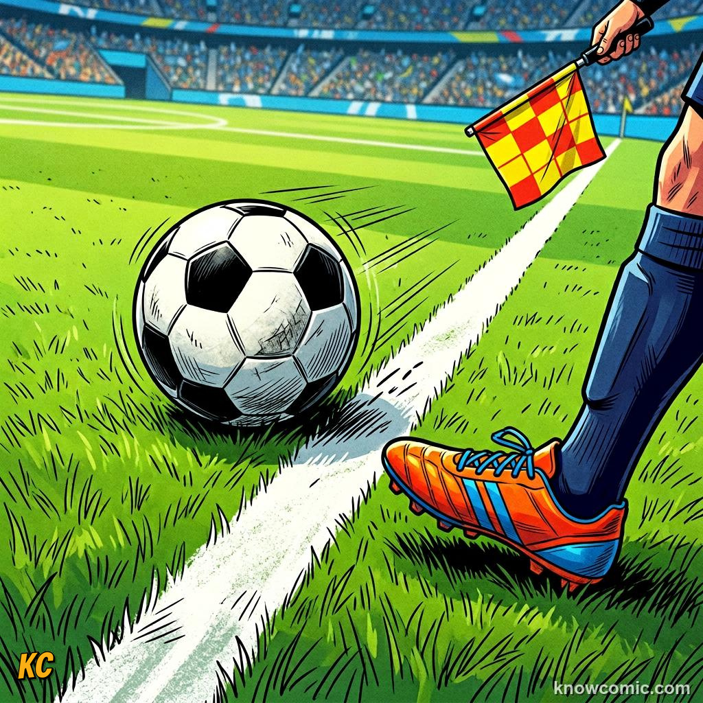 Comic panel titled how to take a throw-in, labelled touchline, from the KnowComic World Cup 2026 lesson on restarts: throw-ins & goal kicks