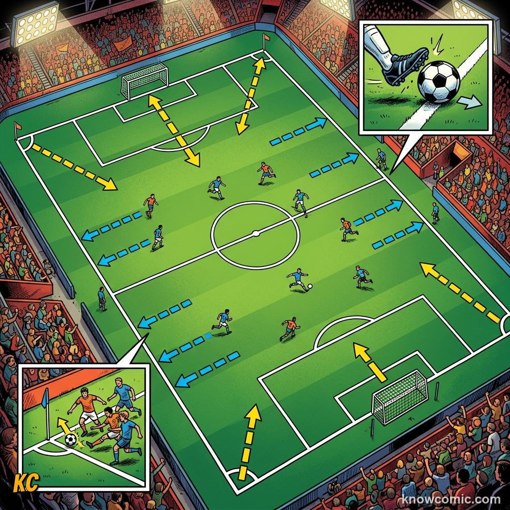 Comic panel titled how to take a throw-in, labelled goal line, from the KnowComic World Cup 2026 lesson on restarts: throw-ins & goal kicks