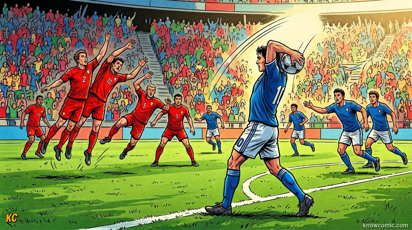 Comic panel titled how to take a throw-in, labelled sideline restart, from the KnowComic World Cup 2026 lesson on restarts: throw-ins & goal kicks