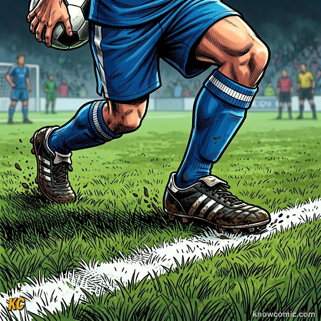 Comic panel titled when a goal kick is given, labelled both feet down, from the KnowComic World Cup 2026 lesson on restarts: throw-ins & goal kicks
