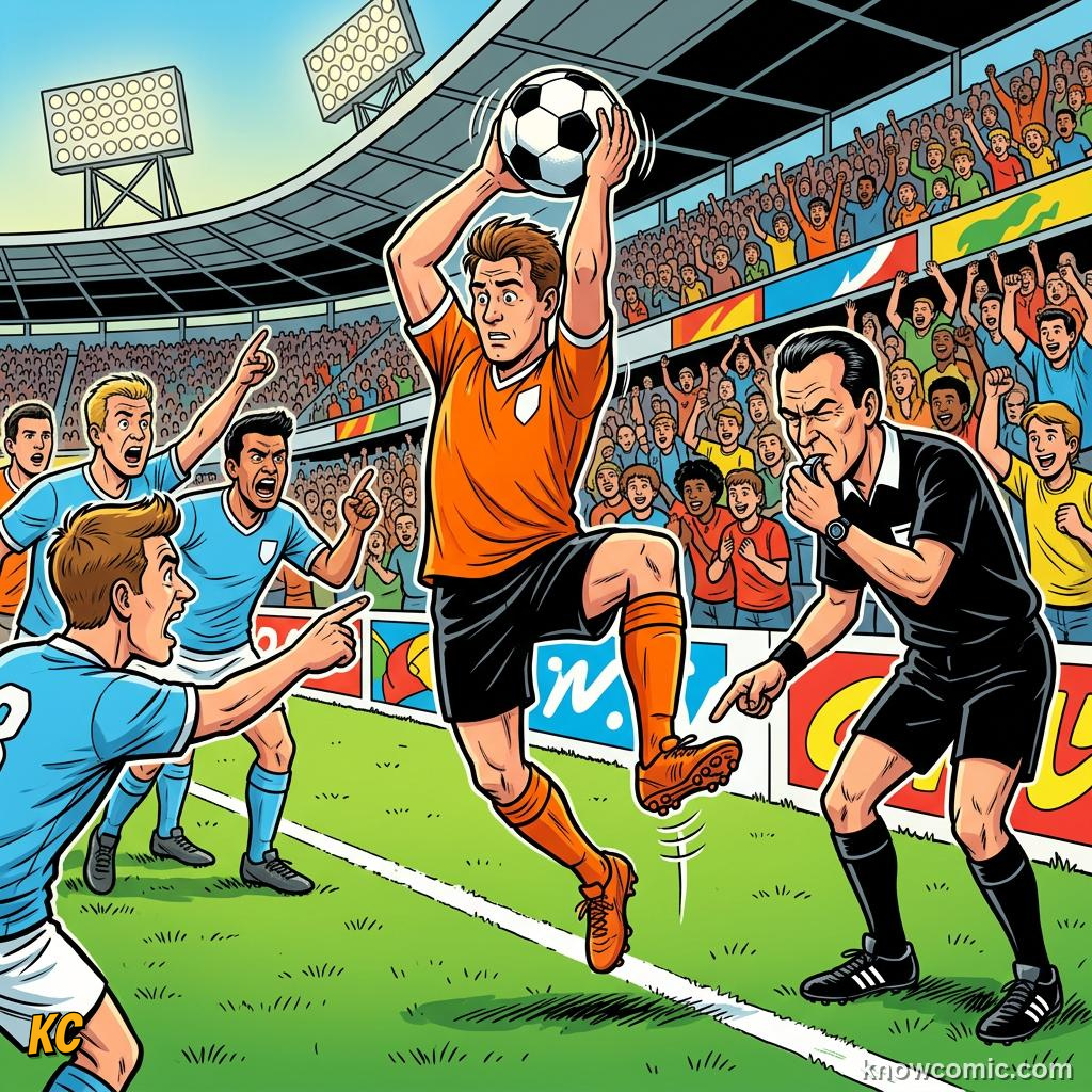 Comic panel titled when a goal kick is given, labelled illegal throw, from the KnowComic World Cup 2026 lesson on restarts: throw-ins & goal kicks