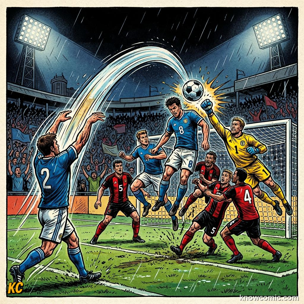 Comic panel titled when a goal kick is given, labelled long throw, from the KnowComic World Cup 2026 lesson on restarts: throw-ins & goal kicks