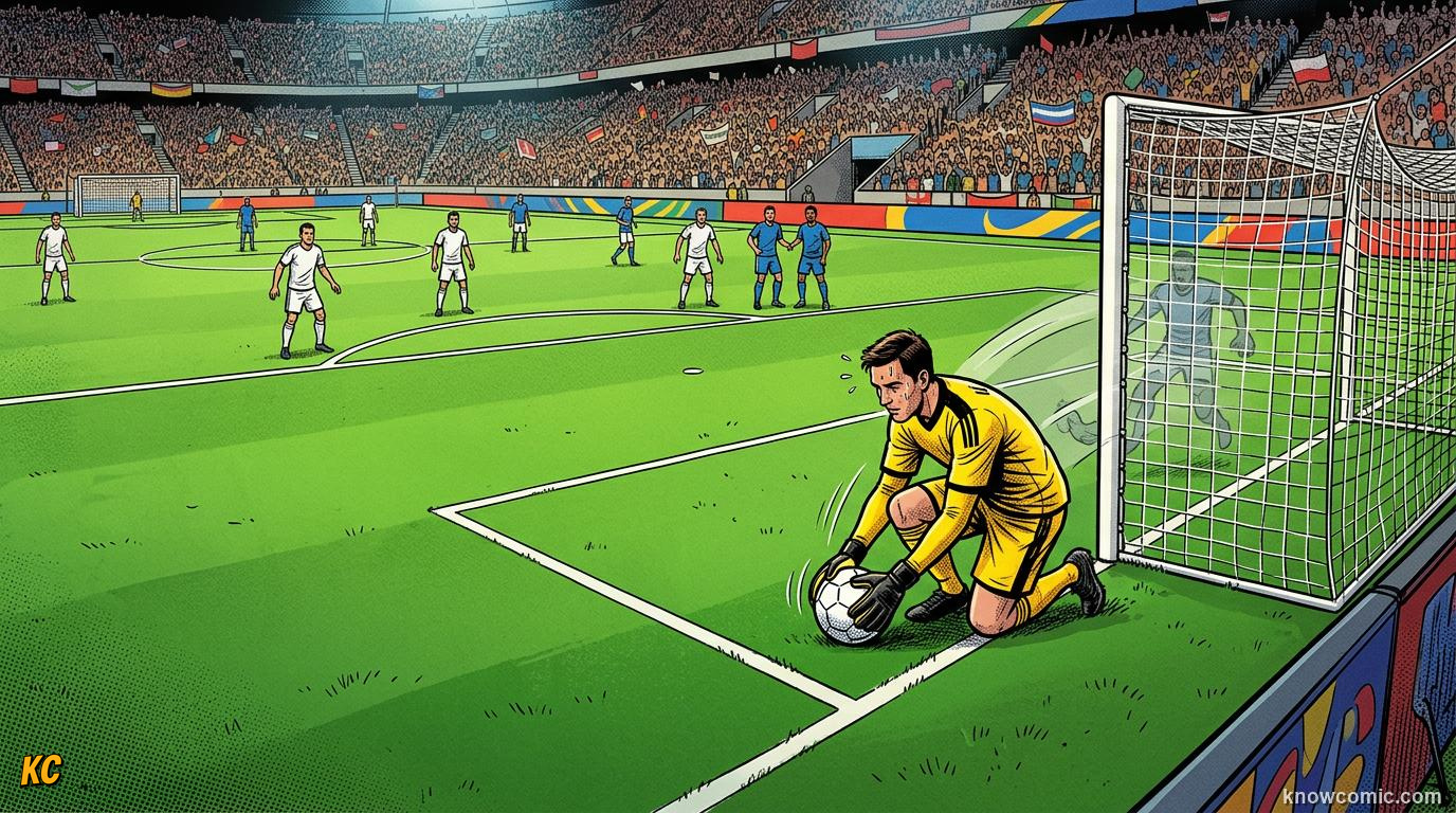 Comic panel titled when a goal kick is given, labelled defence restarts, from the KnowComic World Cup 2026 lesson on restarts: throw-ins & goal kicks