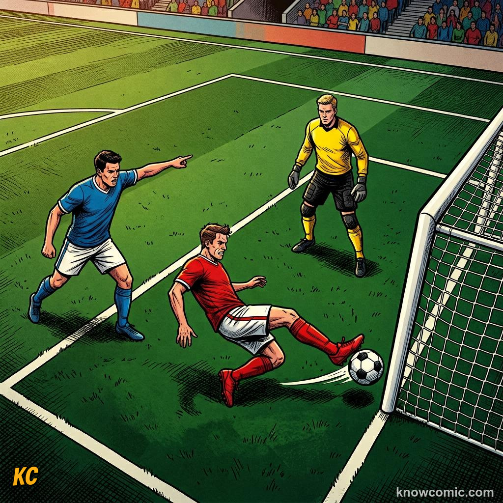 Comic panel titled when a goal kick is given, labelled last touch, from the KnowComic World Cup 2026 lesson on restarts: throw-ins & goal kicks