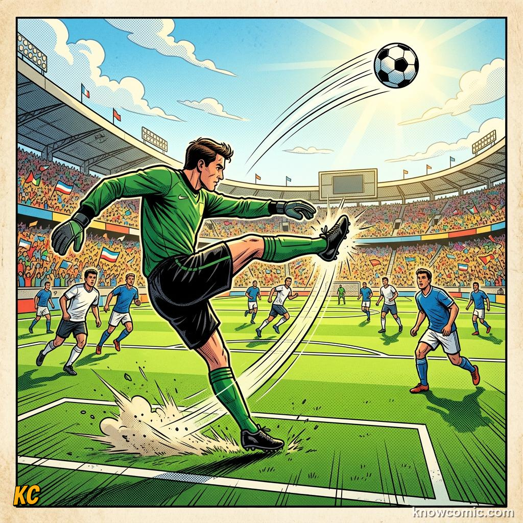 Comic panel titled when a goal kick is given, labelled from the box, from the KnowComic World Cup 2026 lesson on restarts: throw-ins & goal kicks