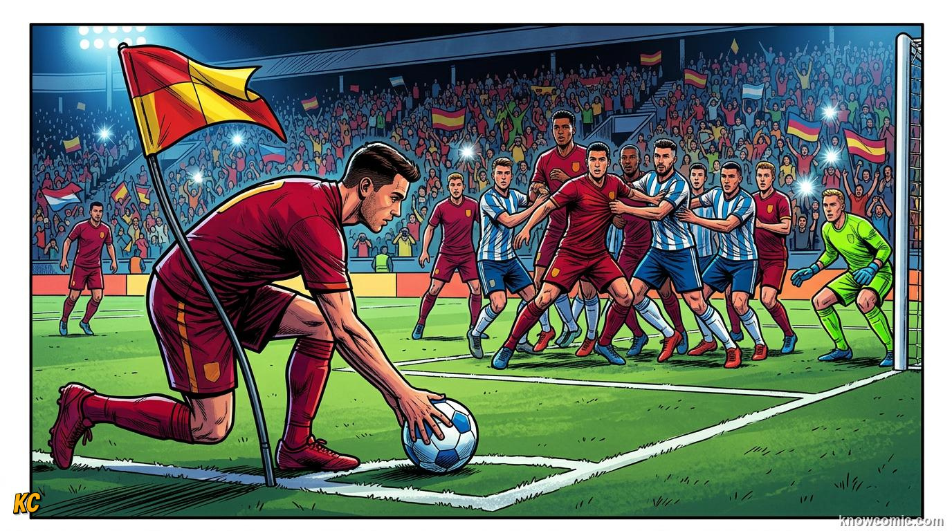 Comic panel titled corners are golden chances, labelled corner flag drama, from the KnowComic World Cup 2026 lesson on restarts: throw-ins & goal kicks