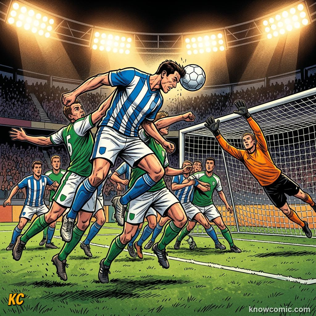 Comic panel titled kick-offs start everything, labelled cross in, from the KnowComic World Cup 2026 lesson on restarts: throw-ins & goal kicks