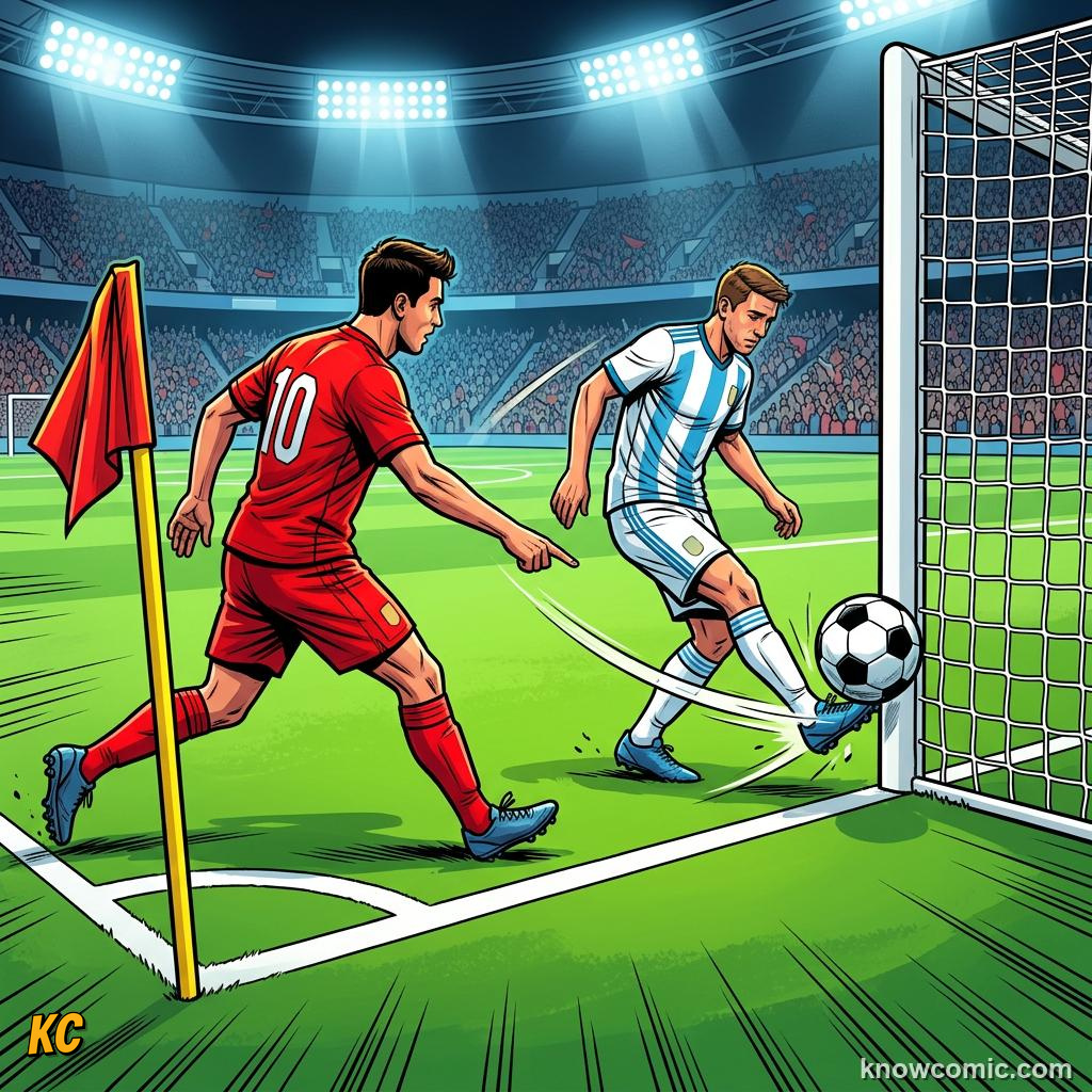 Comic panel titled kick-offs start everything, labelled defence last, from the KnowComic World Cup 2026 lesson on restarts: throw-ins & goal kicks