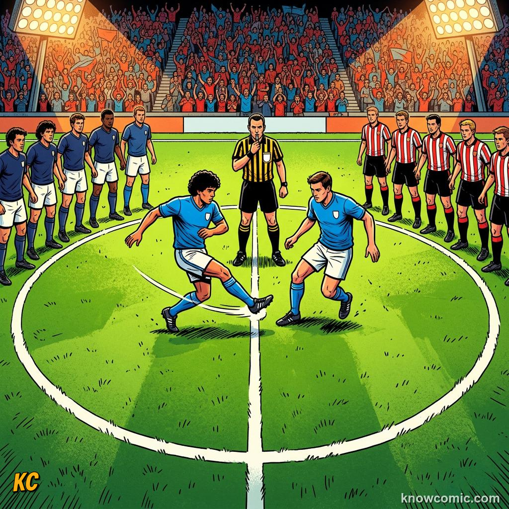Comic panel titled kick-offs start everything, labelled kick-off, from the KnowComic World Cup 2026 lesson on restarts: throw-ins & goal kicks
