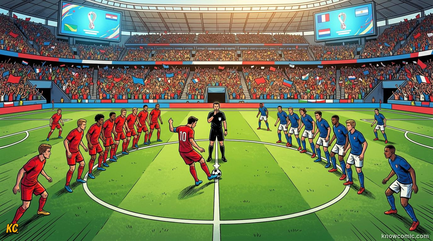 Comic panel titled kick-offs start everything, labelled center circle, from the KnowComic World Cup 2026 lesson on restarts: throw-ins & goal kicks