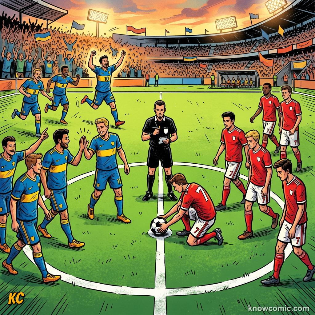 Comic panel labelled post-goal, illustrating restarts: throw-ins & goal kicks in KnowComic's World Cup 2026 series