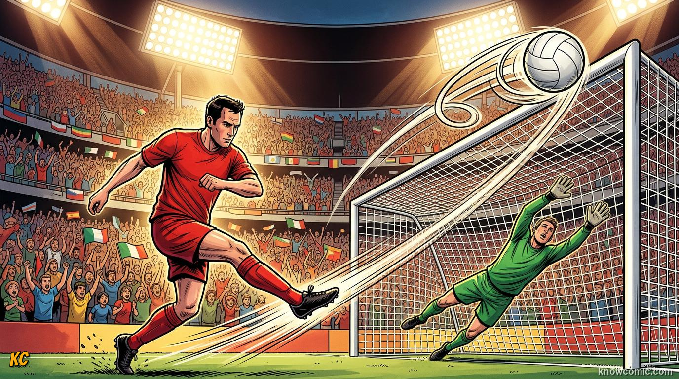 Comic panel titled a goal you never forget, labelled the magic moment, from the KnowComic World Cup 2026 lesson on greatest goals ever