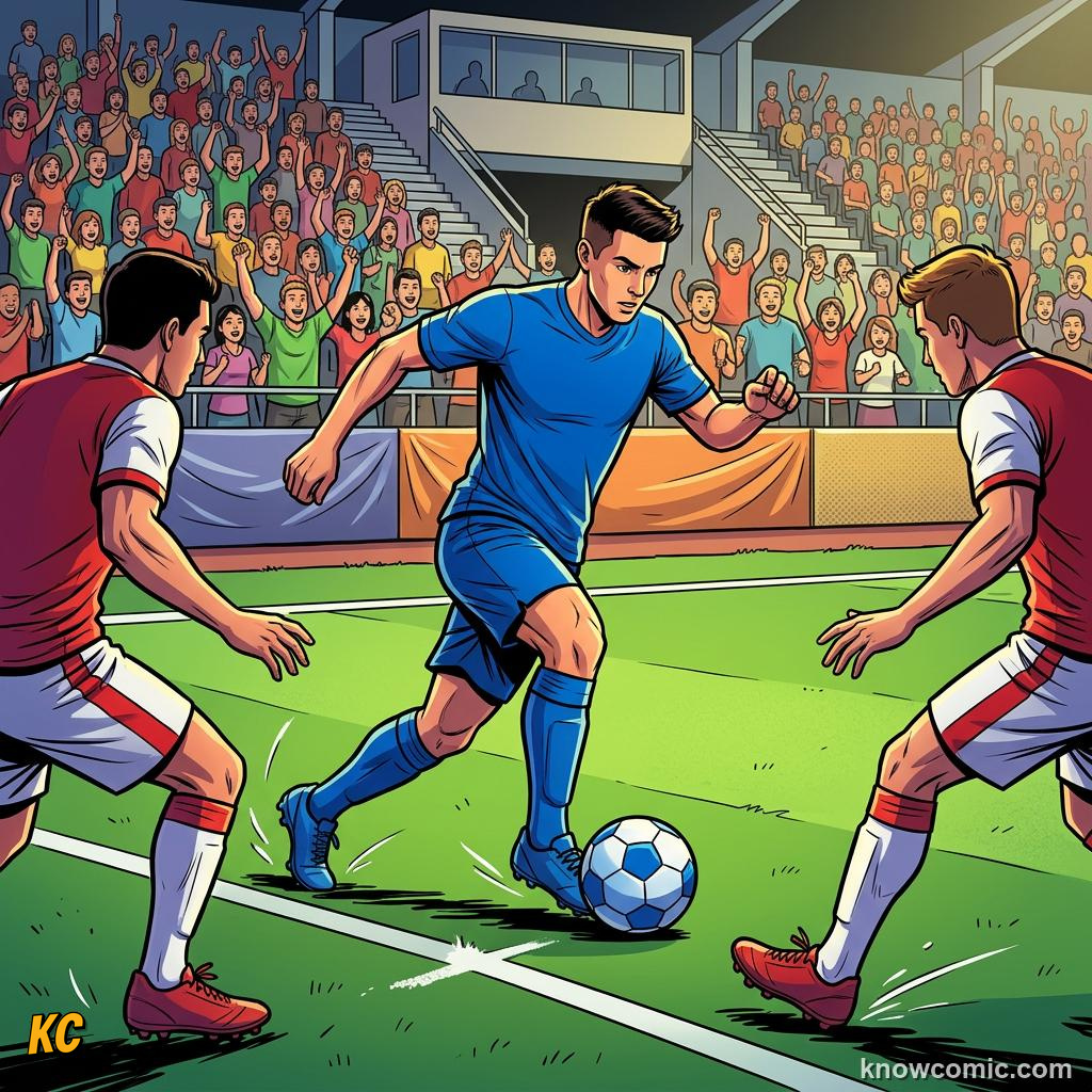 Comic panel titled maradona's slalom run, labelled solo runs, from the KnowComic World Cup 2026 lesson on greatest goals ever