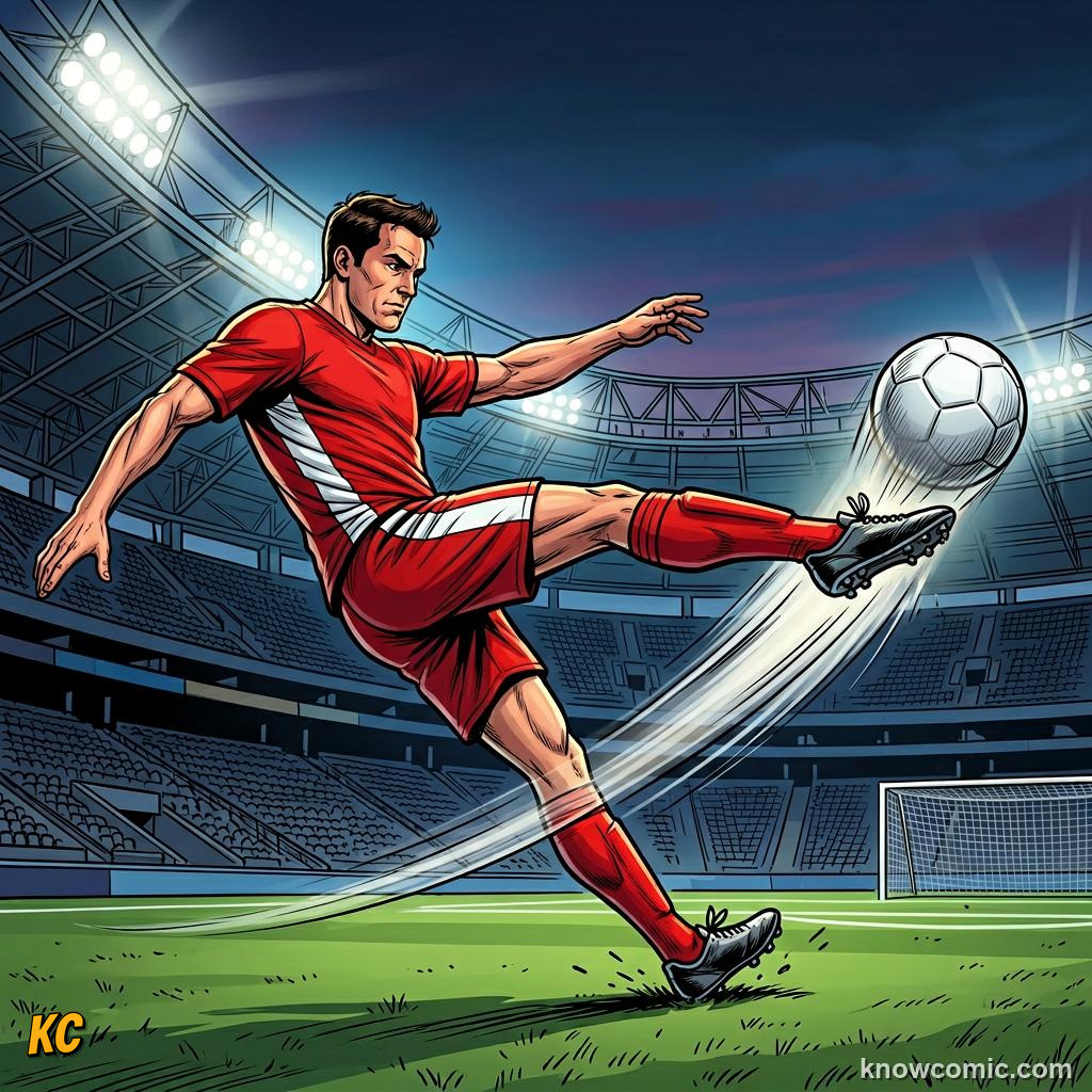 Comic panel titled maradona's slalom run, labelled volleys & rockets, from the KnowComic World Cup 2026 lesson on greatest goals ever