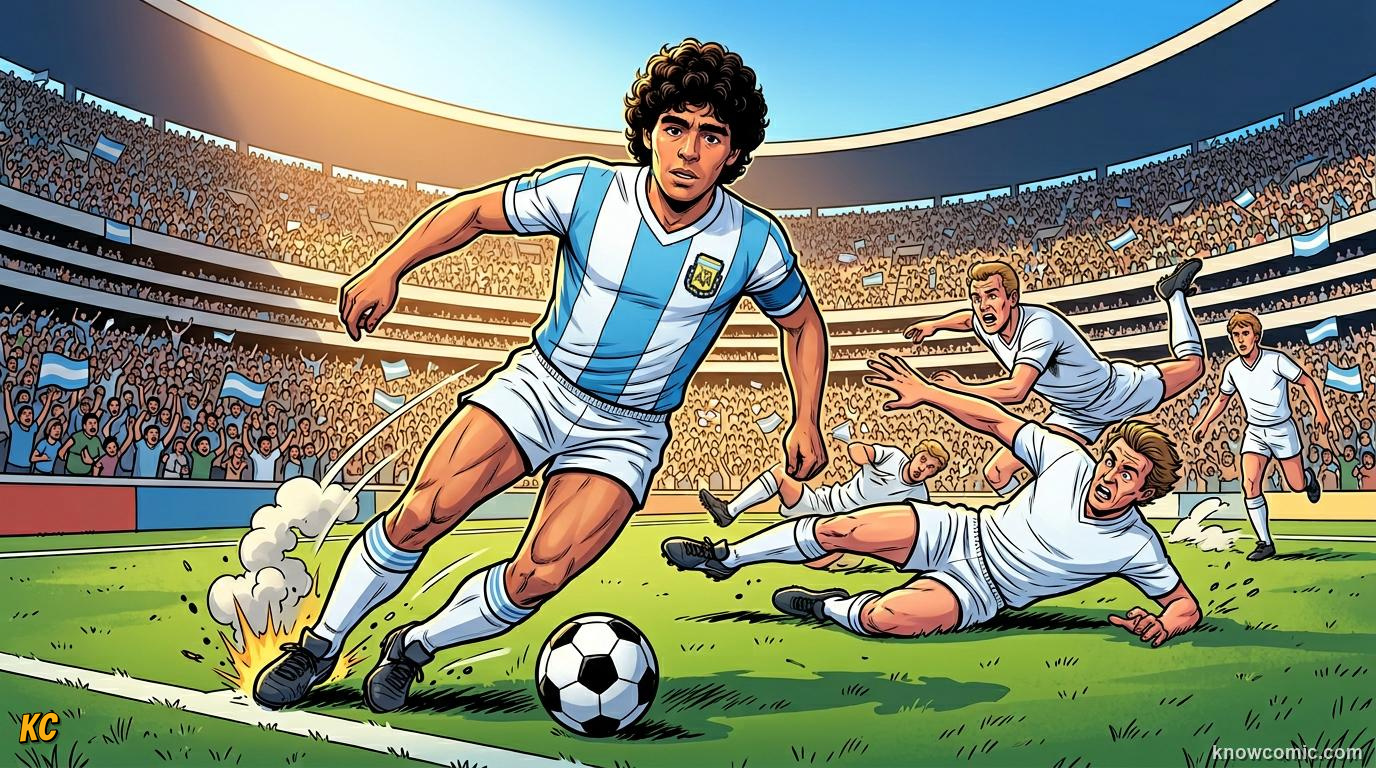 Comic panel titled maradona's slalom run, labelled mexico 1986, from the KnowComic World Cup 2026 lesson on greatest goals ever