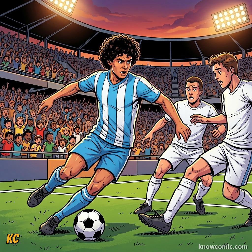 Comic panel titled the perfect volley, labelled the start, from the KnowComic World Cup 2026 lesson on greatest goals ever