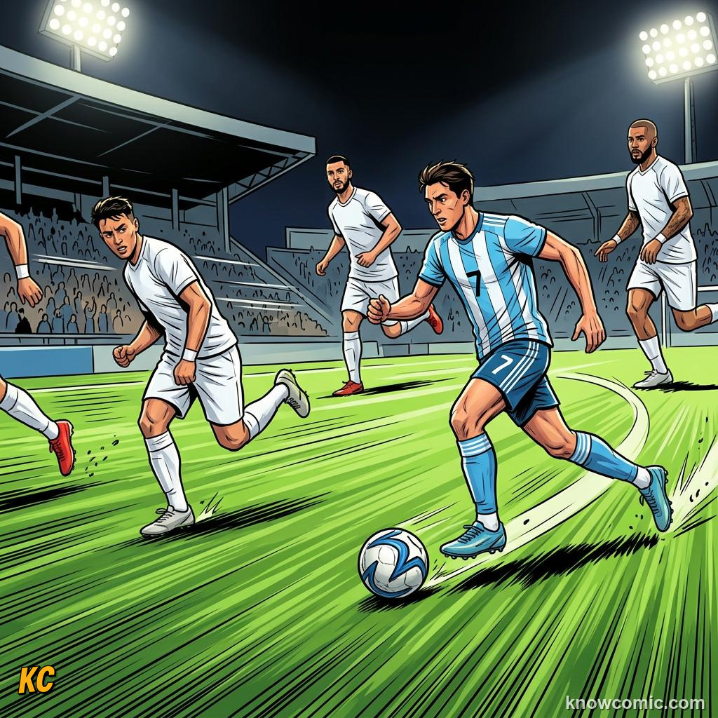 Comic panel titled the perfect volley, labelled the dribble, from the KnowComic World Cup 2026 lesson on greatest goals ever