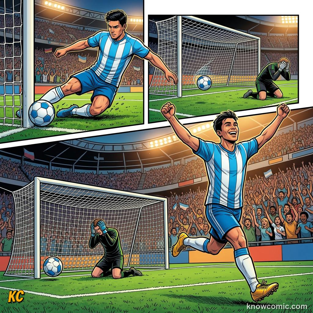 Comic panel titled the perfect volley, labelled the finish, from the KnowComic World Cup 2026 lesson on greatest goals ever