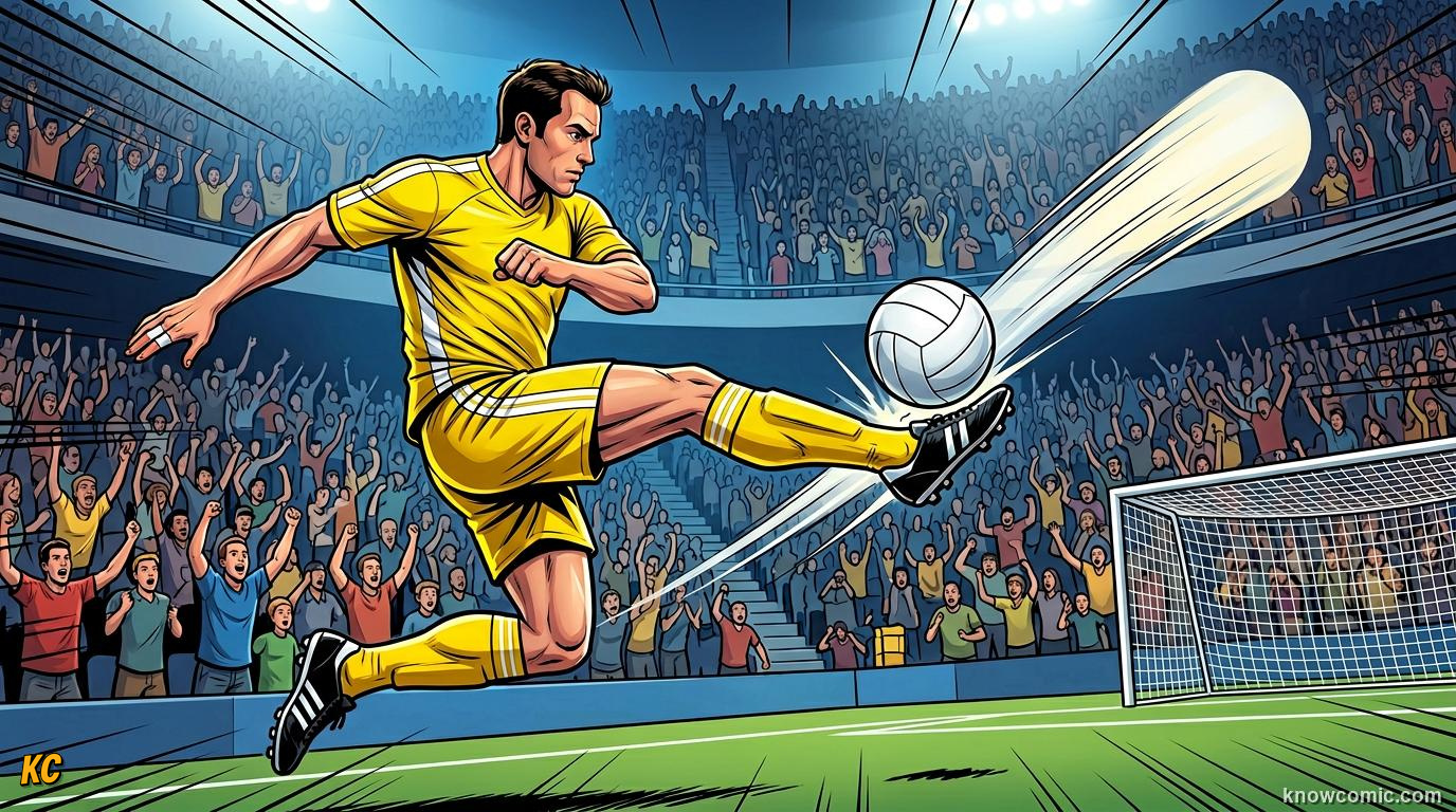 Comic panel titled the perfect volley, labelled brazil 2014, from the KnowComic World Cup 2026 lesson on greatest goals ever