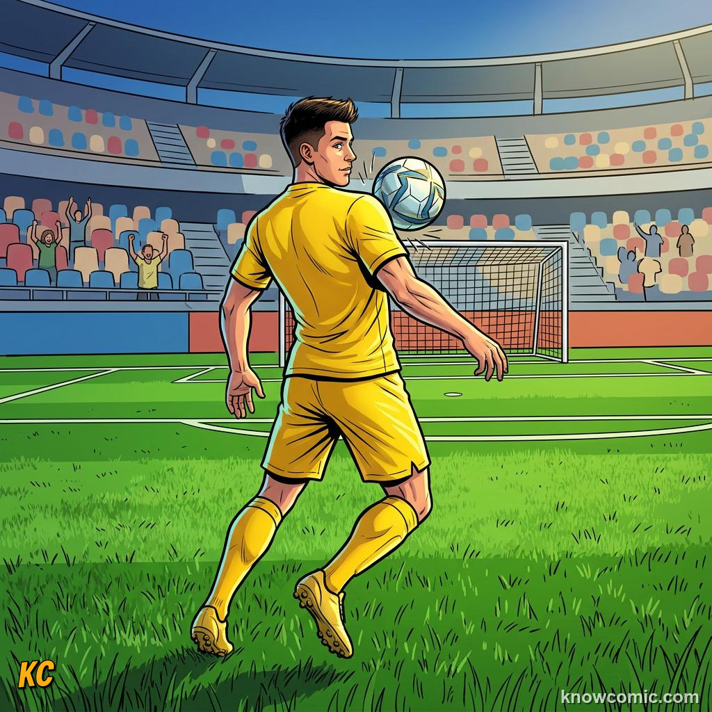 Comic panel titled the perfect volley, labelled the touch, from the KnowComic World Cup 2026 lesson on greatest goals ever