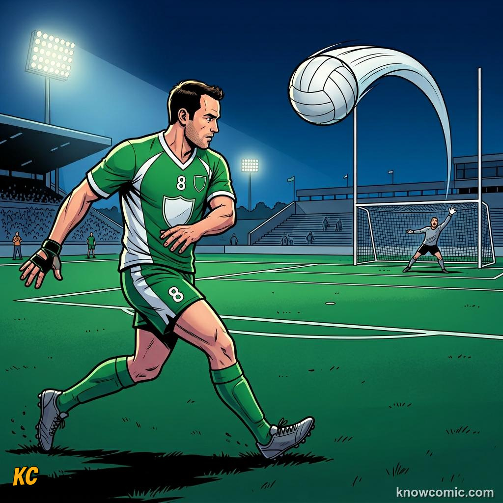 Comic panel titled the perfect volley, labelled long range, from the KnowComic World Cup 2026 lesson on greatest goals ever