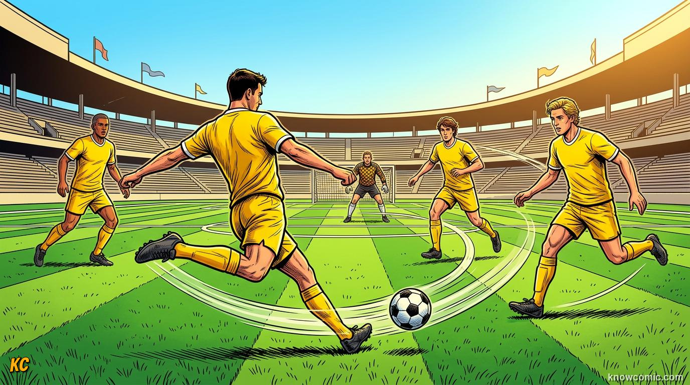 Comic panel titled when passing becomes art, labelled more masterpieces, from the KnowComic World Cup 2026 lesson on greatest goals ever
