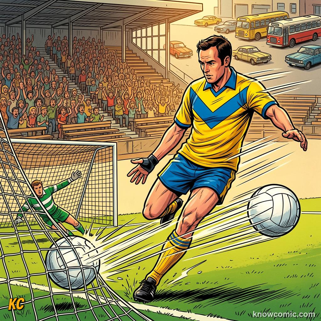 Comic panel titled skill plus practice plus courage, labelled brazil 1970, from the KnowComic World Cup 2026 lesson on greatest goals ever