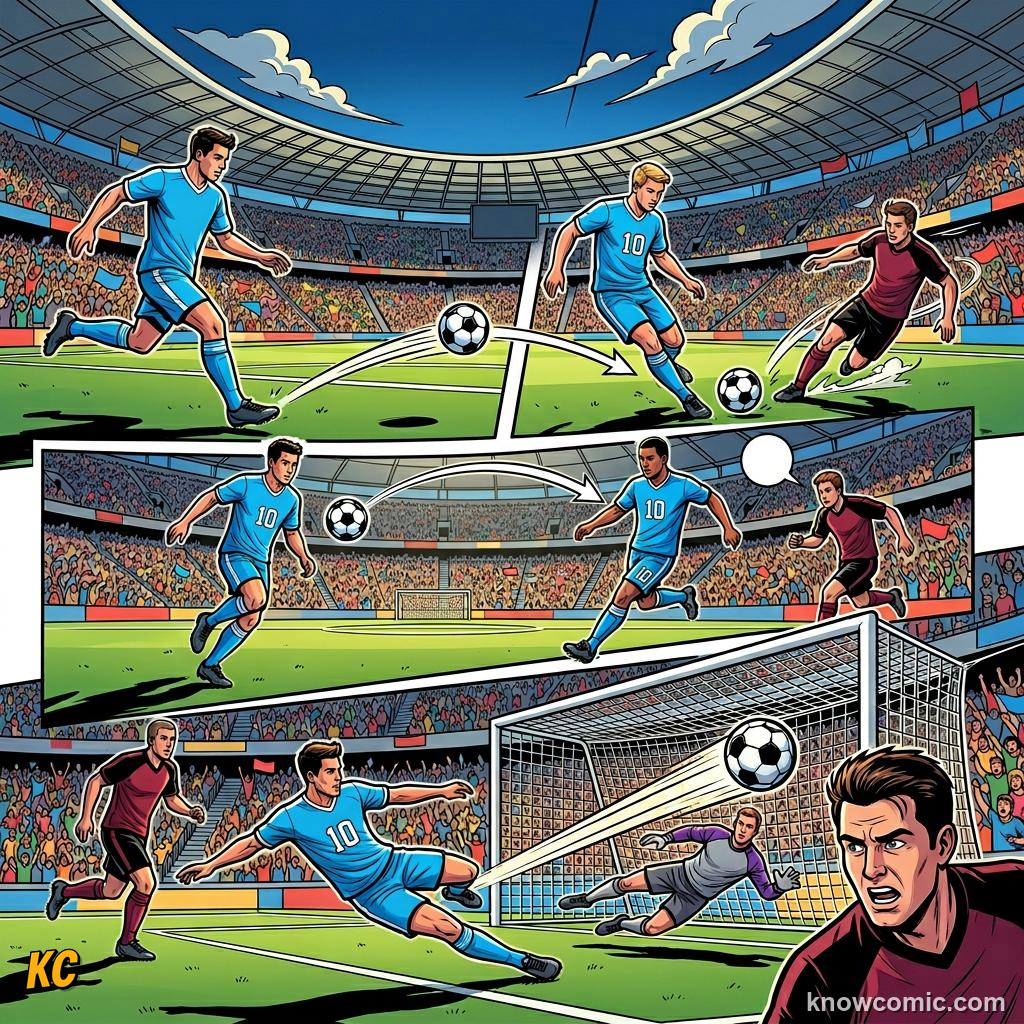 Comic panel titled skill plus practice plus courage, labelled argentina 2006, from the KnowComic World Cup 2026 lesson on greatest goals ever