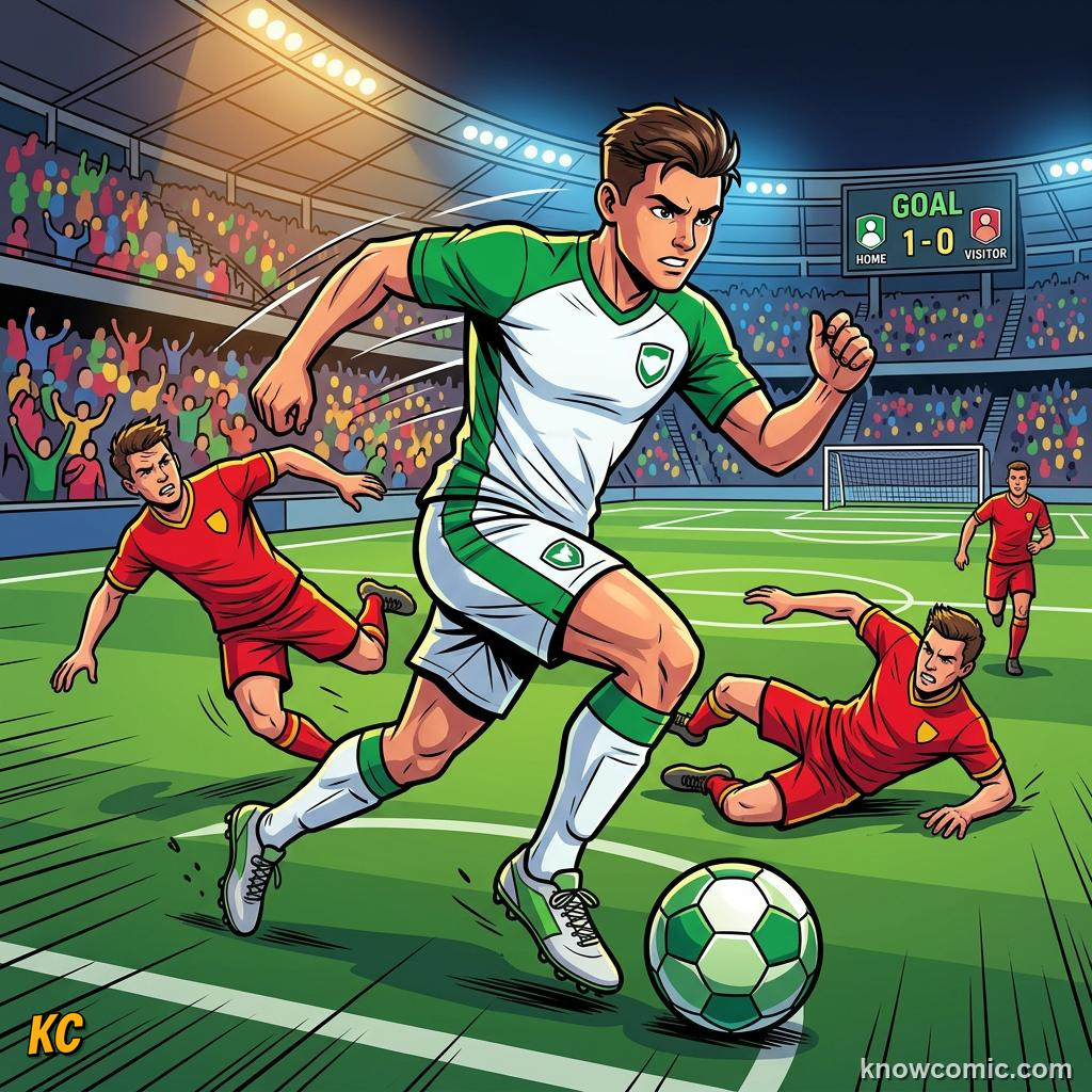 Comic panel titled skill plus practice plus courage, labelled saudi 1994, from the KnowComic World Cup 2026 lesson on greatest goals ever