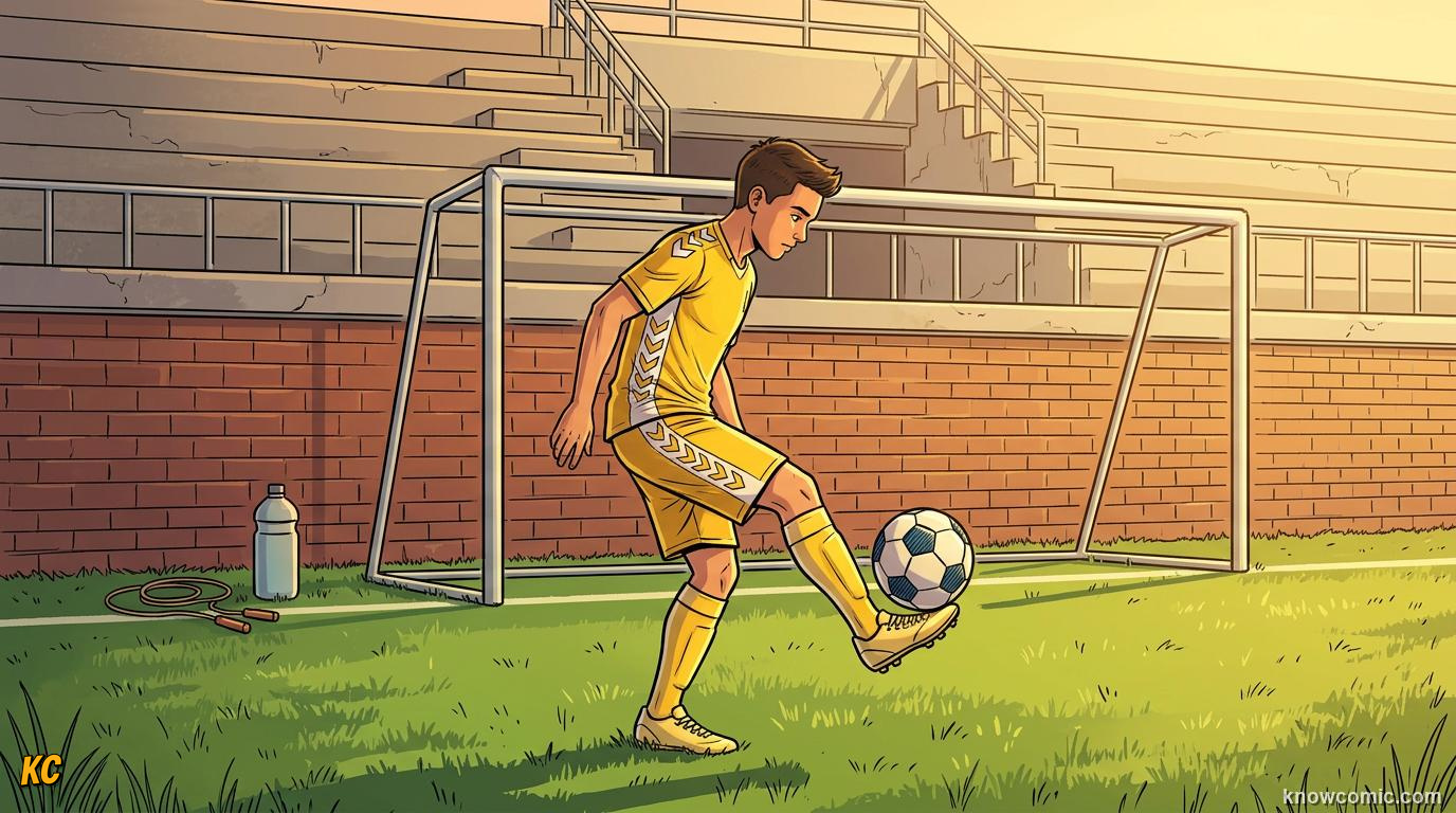 Comic panel titled skill plus practice plus courage, labelled the secret recipe, from the KnowComic World Cup 2026 lesson on greatest goals ever