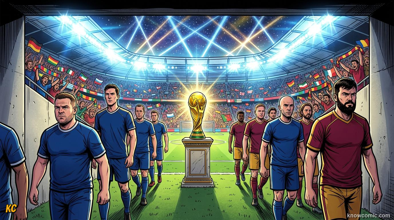 Comic panel titled when everything is on the line, labelled one match for glory, from the KnowComic World Cup 2026 lesson on famous finals & epic upsets