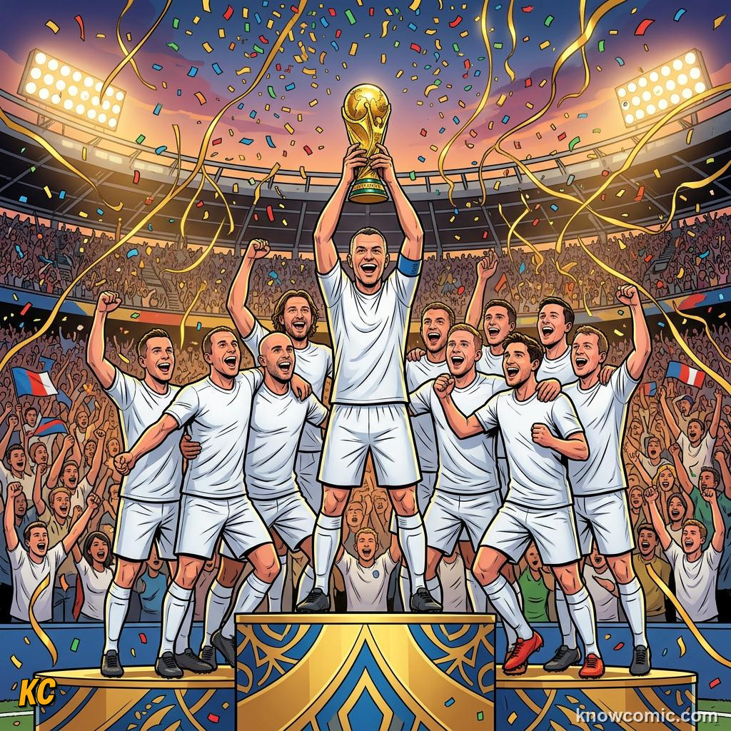 Comic panel titled a comeback no one expected, labelled the glory, from the KnowComic World Cup 2026 lesson on famous finals & epic upsets