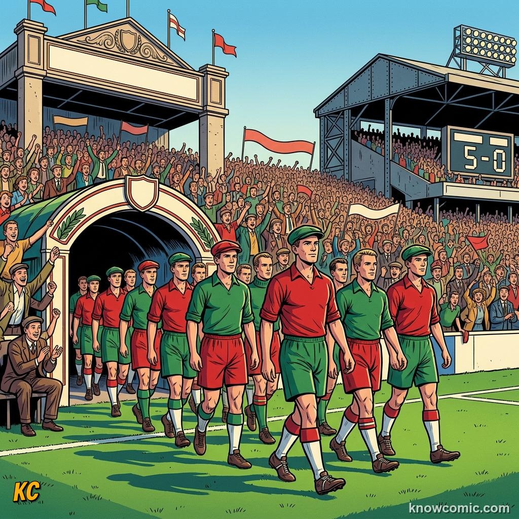 Comic panel titled germany 7, brazil 1, labelled the favourites, from the KnowComic World Cup 2026 lesson on famous finals & epic upsets