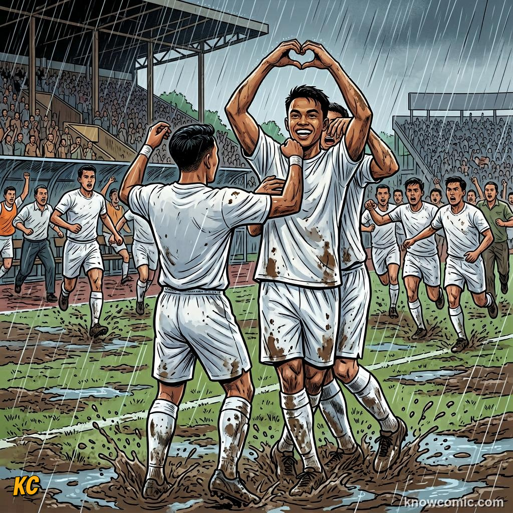 Comic panel titled germany 7, brazil 1, labelled the rain, from the KnowComic World Cup 2026 lesson on famous finals & epic upsets